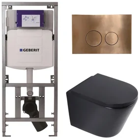 QeramiQ Dely Toiletset - 36.3x51.7cm - diepspoel - rimless - Geberit UP320 inbouwreservoir - softclose toilet zitting 35 mm - koperen bedieningsplaat - ronde knoppen - mat zwart SW1026253/SW1000769/0701131/SW706196