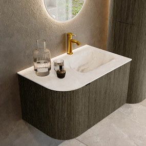 Mondiaz Kurve-dlux 75cm badmeubel ronding links shadow met 1 lade en deur en wastafel grunne kraangat rechts frappe