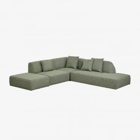 3-delige Modulaire Hoekbank Met Rechter Chaise Longue En Gestoffeerde Poef Cardea Bouclé Saliegroen - Sklum