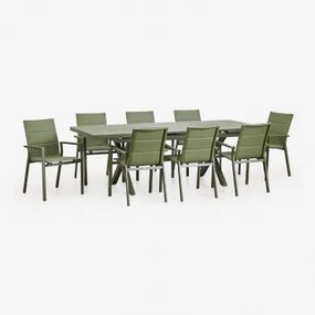 Karena Rechthoekige Uitschuifbare Tafelset 180-240x90 Cm En 8 Stapelbare Tuinstoelen Met Aluminium Armleuningen Groen – Intens Olijf - Sklum