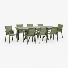 Uitschuifbare Rechthoekige Tafel 180-240x90 Cm En 8 Stapelbare Tuinstoelen Met Armleuningen Van Aluminium Karena Groen – Intens Olijf - Sklum