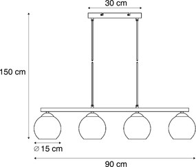 Smart hanglamp zwart met hout en smoke glas 4-lichts incl. Wifi A60 - Aleks