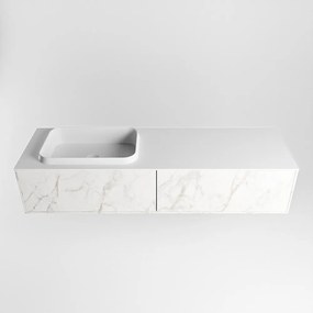 Mondiaz Erin 150cm badmeubel Carrara met 2 lades en witte wastafel links 1 kraangat