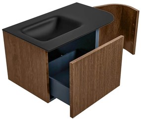 Mondiaz Kurve 75cm badmeubel ronding rechts walnut met 1 lade en deur en wastafel grunne kraangat links urban