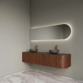 Gliss Design Alluro badmeubel ribbelfront met ronding rechts 180cm walnut en zwart leisteen toppaneel