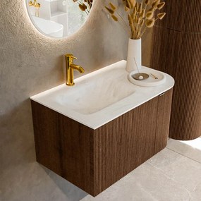 Mondiaz Kurve-dlux 75cm badmeubel ronding rechts walnut met 1 lade en deur en wastafel grunne kraangat links opalo
