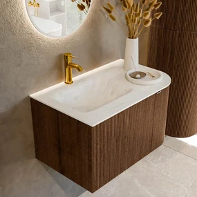 Mondiaz Kurve-dlux 75cm badmeubel ronding rechts walnut met 1 lade en deur en wastafel grunne kraangat links opalo