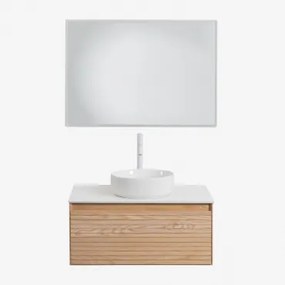 Tedrik Badkamermeubelset In Essenhout Ash Brown & Rond Keramiek Wit Ø40 Cm Lenka & Rechthoekige Led En Anticondens 100x70 Cm Tamsin & Wit - Sklum