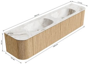 Mondiaz Kurve-dlux 200cm badmeubel ronding links/rechts walnut met 2 lades en deuren en wastafel stor small dubbel zonder kraangat frappe