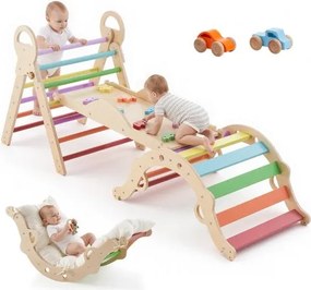 VEVOR Klimdriehoek, 9-in-1 klimspeelgoed met houten autootjes, kussen, klimdriehoek, glijbaan en klimboog, tot 68 kg, Montessori binnenspeelset voor kinderen van 1 tot 3 jaar, meerkleurig