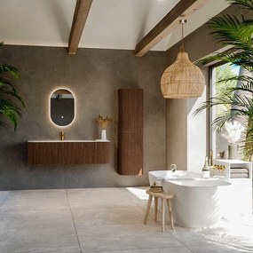 Mondiaz Kurve-dlux 145cm badmeubel ronding rechts walnut met 1 lade en deur en wastafel big large kraangat links glace