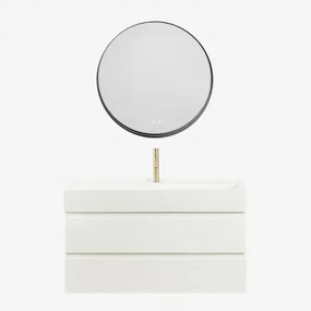 Ona Zwevend Badkamermeubelset Van Hout En Essenfineer Met Geïntegreerde Wastafel Wit & Round Led And Antifog Zwart Ø80 Cm - Sklum