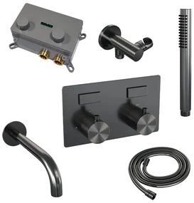 Brauer Gunmetal Carving thermostatische inbouw badkraan met uitloop en staafhanddouche set 3 gunmetal geborsteld PVD