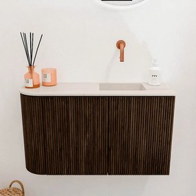 Mondiaz Joya DLux 70cm toiletmeubel ronding links walnut met wastafel faye rechts zonder kraangat meli