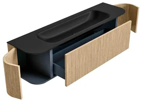 Mondiaz Kurve 170cm badmeubel ronding links/rechts oak met 1 lade en 2 deuren en wastafel big large midden 1 kraangat urban