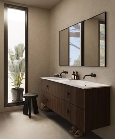Muebles Avila badmeubel ribbelfront 160cm walnoot met dubbele wastafel zonder kraangaten