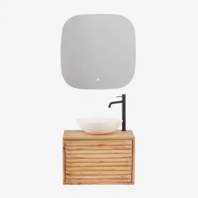 Deleyna Zwevend Houten Badkamermeubelset Natuurlijk Hout & Rond Cement Wit Ø40 Cm Zavion & Vierkant Led En Anticondens 75x75 Cm Riben & - Sklum