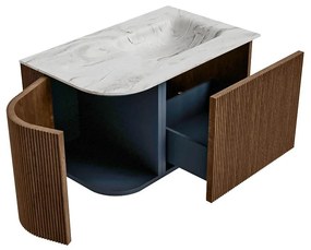 Mondiaz Kurve-dlux 75cm badmeubel ronding links walnut met 1 lade en deur en wastafel grunne kraangat rechts glace