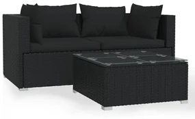 vidaXL 3-delige Loungeset met kussens poly rattan zwart