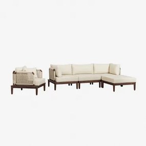 Tuinset Met Modulaire 3-delige Bank Met 2 Hoekfauteuils, Poef En Fauteuil In Acacia Giulia Beige – Crème - Sklum