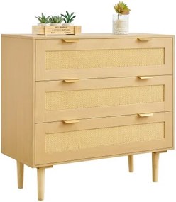 VEVOR Rattan Commode met 3 Laden, Metalen Handgrepen &amp; Houten Poten, Moderne Rattan Kast voor Slaapkamer, Woonkamer, Hal (80 x 35 x 77 cm) Kledingkast, Ladekast