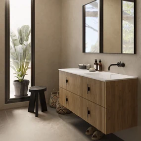 Muebles Avila badmeubel ribbelfront 120cm warm eiken met wastafel rechts zonder kraangat