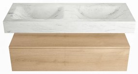 Mondiaz Alan DLux badmeubel 120cm washed oak 1 lade met wastafel opalo dubbel 2 kraangaten