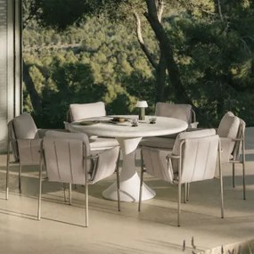 Ronde Tafelset Ø120 Cm In Eloria Cement En 6 Tuinstoelen Met Armleuningen, Gestoffeerd En Van Zunika Staal Moka Bruin - Sklum