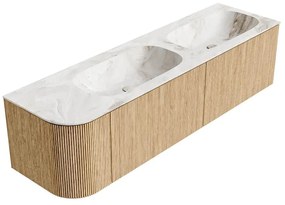 Mondiaz Kurve-dlux 165cm badmeubel ronding links oak met 2 lades en 1 deur en wastafel stor small dubbel/rechts zonder kraangat frappe
