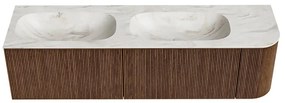 Mondiaz Kurve-dlux 165cm badmeubel ronding rechts walnut met 2 lades en 1 deur en wastafel stor small dubbel/links zonder kraangat ostra