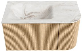 Mondiaz Kurve-dlux 85cm badmeubel ronding rechts oak met 1 lade en deur en wastafel cloud kraangat links frappe