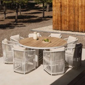 Ronde Tafelset Riviera, Ø180 Cm, In Teakhout En Aluminium, En 8 Sophie Tuinstoelen In Aluminium En Gevlochten Touw. Gardenia Wit - Sklum