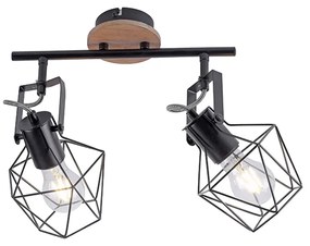 Industriële Spot / Opbouwspot / Plafondspot zwart met hout 2-lichts - Sven Modern E27 Binnenverlichting Lamp