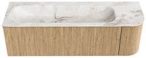 Mondiaz Kurve-dlux 145cm badmeubel ronding rechts oak met 1 lade en deur en wastafel big large links zonder kraangat frappe