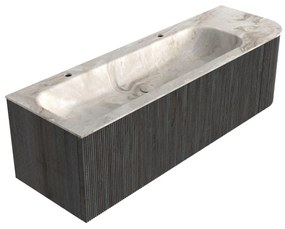 Mondiaz Kurve-dlux 145cm badmeubel ronding rechts shadow met 1 lade en deur en wastafel big large links 2 kraangaten frappe