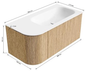 Mondiaz Kurve 95cm badmeubel ronding links oak met 1 lade en deur en wastafel big small rechts zonder kraangat urban