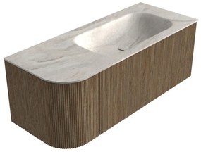 Mondiaz Kurve-dlux 115cm badmeubel ronding links dusk met 1 lade en deur en wastafel big small rechts zonder kraangat ostra