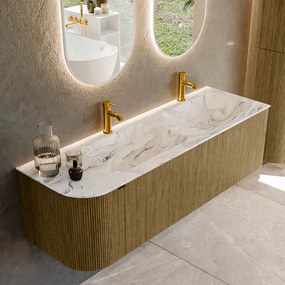 Mondiaz Kurve-dlux 145cm badmeubel ronding links dusk met 1 lade en deur en wastafel leaf dubbel/rechts 2 kraangaten glace