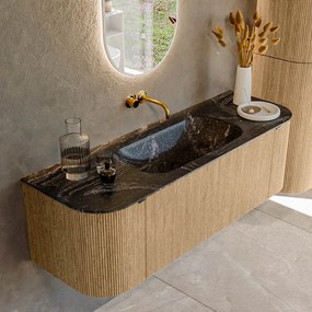 Mondiaz Kurve-dlux 140cm badmeubel ronding links/rechts oak met 1 lade en 2 deuren en wastafel big small midden zonder kraangat lava