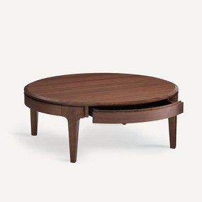 Ronde salontafel, massief notenhout en fineer, 2 lades, SANARA