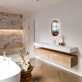 Zaro Alan badmeubel 190cm washed oak 2 lades met vrijhangende wastafel cloud midden 1 kraangat talc