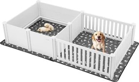 VEVOR Werpbench voor honden, 237 x 123 x 46 cm, kunststof PVC puppyren met in hoogte verstelbare deur en wasbare plasmat, indeling met 2 kamers, puppybench voor extra grote honden, melkwit