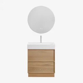 Jolene Houten Badkamermeubelset Met Geïntegreerde Wastafel Natuurlijk Hout & Round Led And Antifog Ø70 Cm Solyn & Geborsteld - Sklum