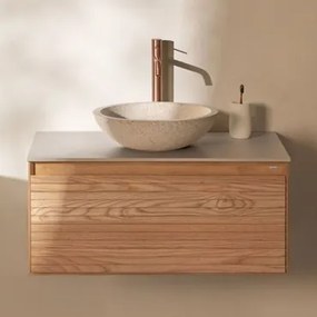 Tedrik Badkamermeubelset In Essenhout Ash Brown & Rond Cement Wit Ø40 Cm Zavion & Spiegelloze & Rosé Goud ↑30 Cm - Sklum