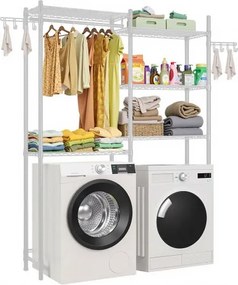 VEVOR Opbergrek voor wasmachine en droger, 5-laags droogrek met kledingstang en haken, tweelaags en verstelbare planken voor wasmachine voor opslag en organisatie, wit
