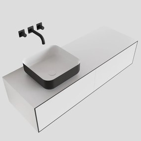 Zaro Lagom volledig naadloos solid surface onderkast met topblad 130cm mat zwart met 2 lades Push tot open. Compleet met solid surface opzetkom met 0 kraangat(en)