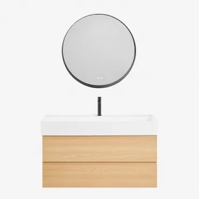 Ona Zwevend Badkamermeubelset Van Hout En Essenfineer Met Geïntegreerde Wastafel Natuurlijk Hout & Round Led And Antifog Zwart Ø80 Cm Kimacs - Sklum