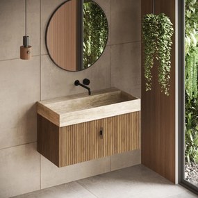 Muebles Zahora badmeubel ribbelfront 100cm eiken met White Travertin wastafel zonder kraangat