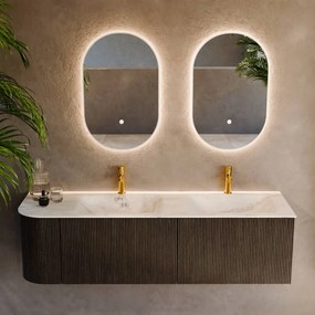 Mondiaz Kurve-dlux 155cm badmeubel ronding links shadow met 2 lades en 1 deur en wastafel leaf dubbel/rechts 2 kraangaten opalo