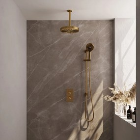Brauer Stripe inbouw regendouche met 25cm hoofddouche, met plafondarm, glijstang en 3 standen handdouche set 24 messing geborsteld PVD